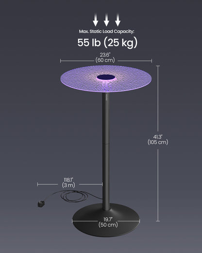 Bar Tables, Set of 2 Round Cocktail Tables with Multi-Colored Lights and Glass Tops, Large Steel Base