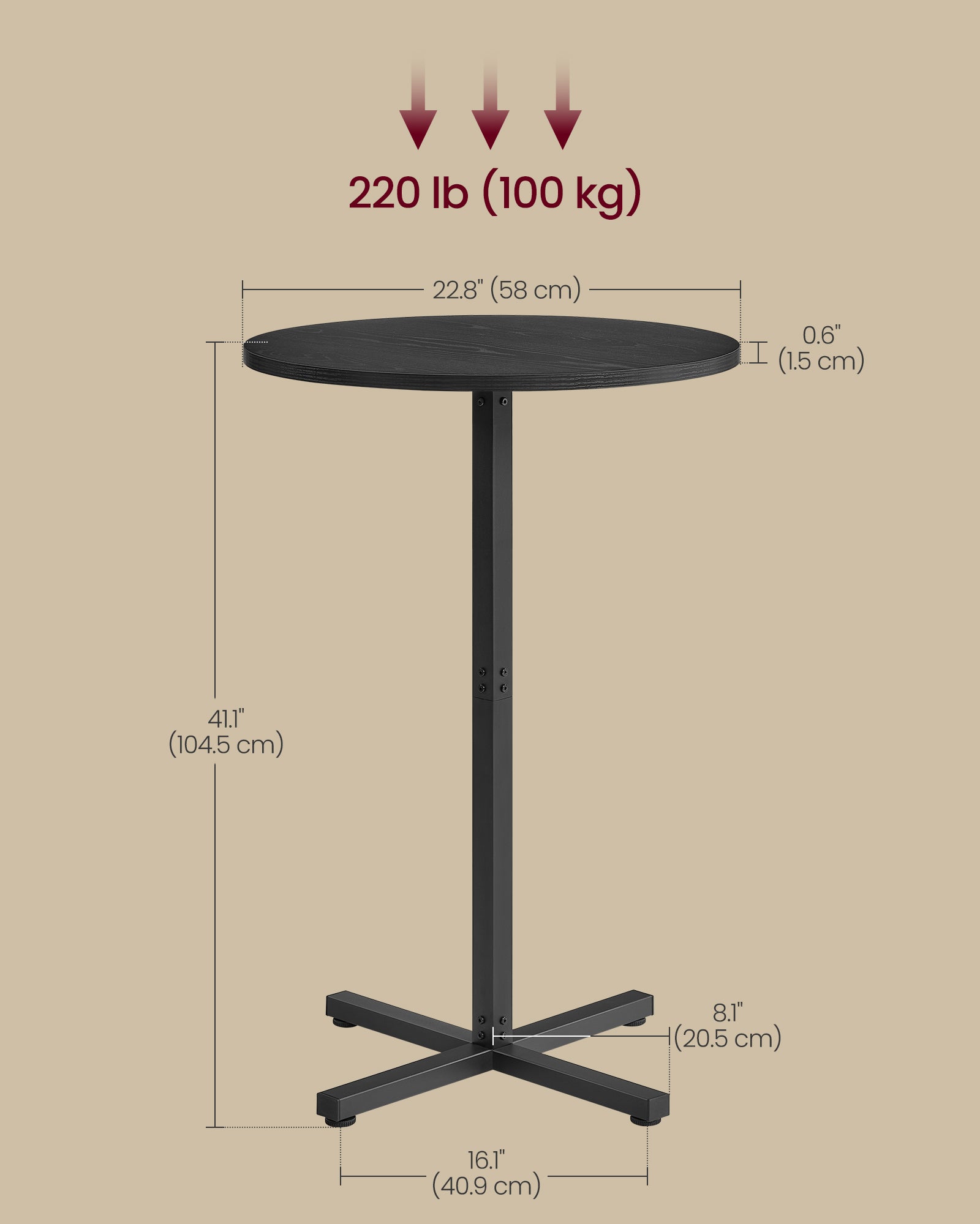 Round Cocktail Table, High Top Bar Pub Table with Metal Frame and Cross Base - image 5