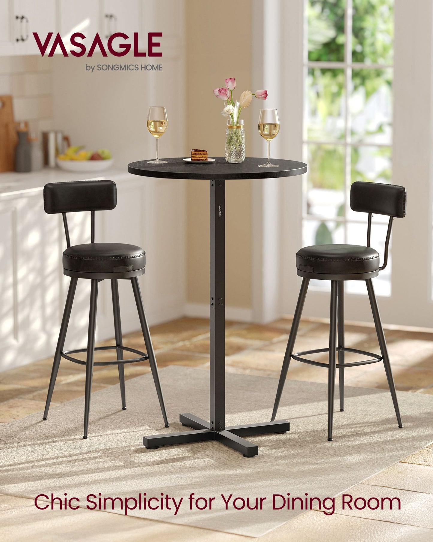 Round Cocktail Table, Set of 2, High Top Bar Pub Table, Ebony Black