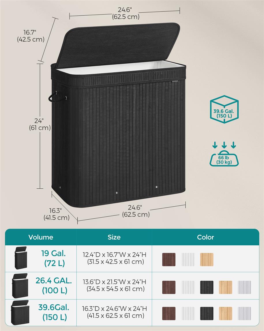 Bamboo Laundry Hamper with Lid, 39.6-Gallons