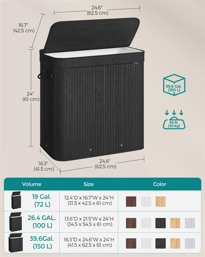Bamboo Laundry Hamper with Lid, 39.6-Gallons