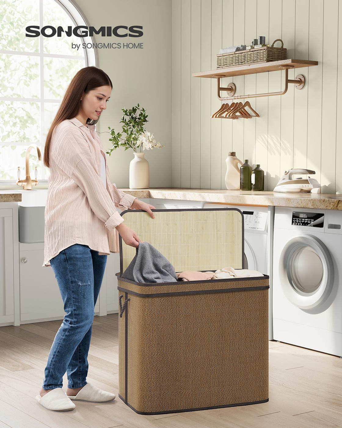 3-Section Laundry Hamper, 44.9 Gal. Laundry Basket, Brown