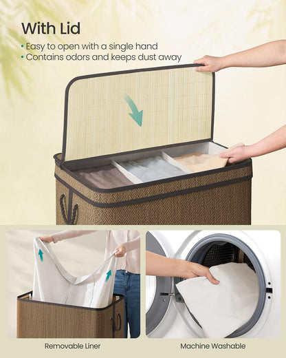 3-Section Laundry Hamper, 44.9 Gal. Laundry Basket, Brown