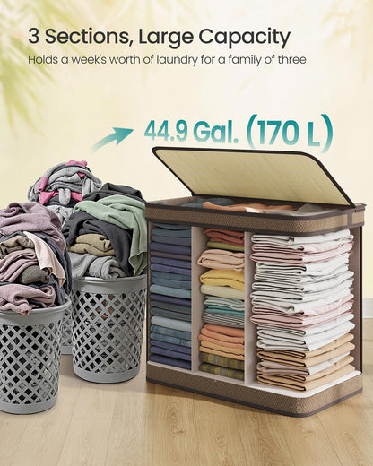 3-Section Laundry Hamper, 44.9 Gal. Laundry Basket, Brown