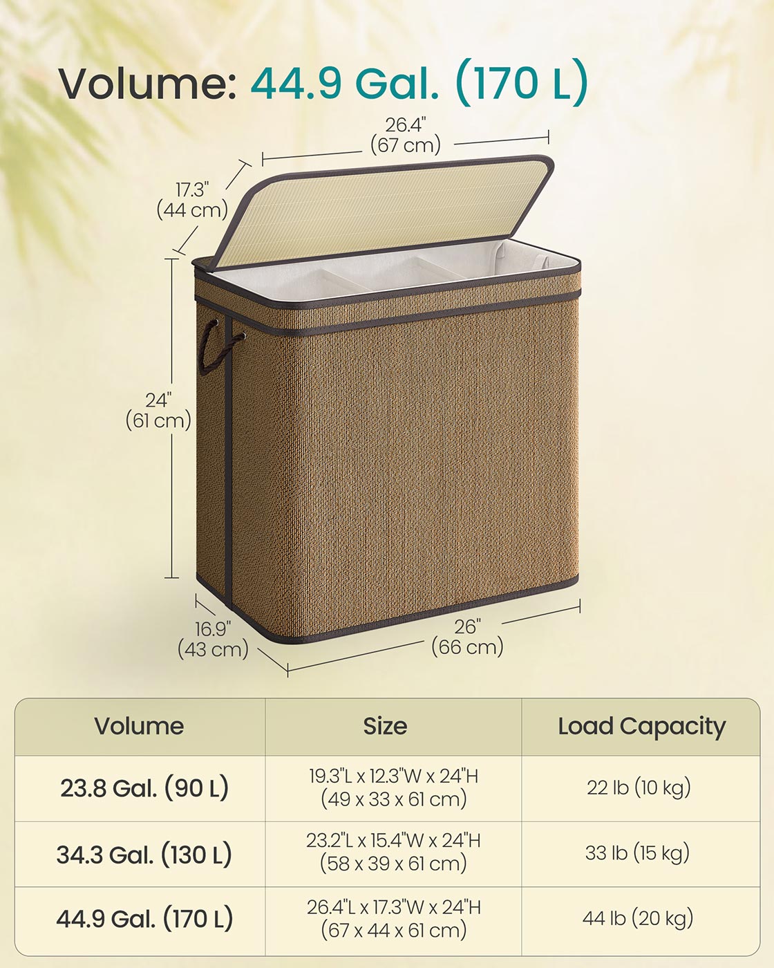 3-Section Laundry Hamper, 44.9 Gal. Laundry Basket, Brown