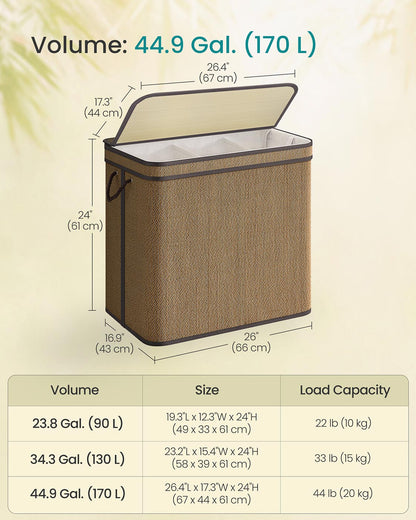 3-Section Laundry Hamper, 44.9 Gal. Laundry Basket, Brown