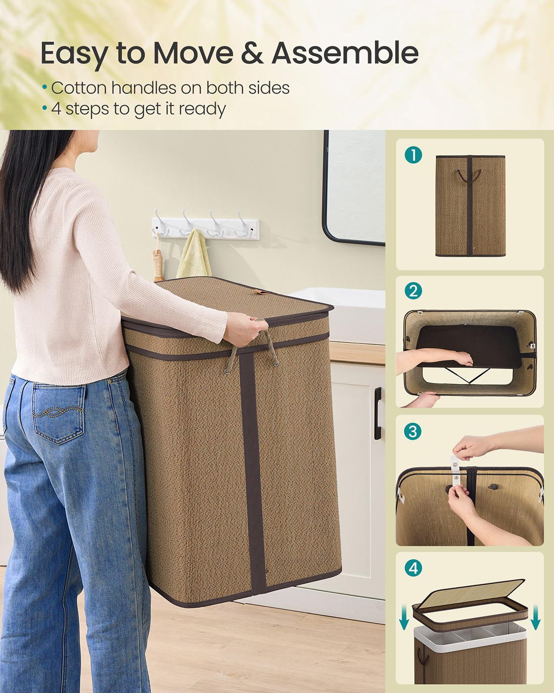 3-Section Laundry Hamper, 44.9 Gal. Laundry Basket, Brown