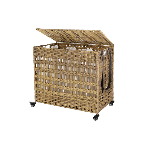 Handwoven Laundry Hamper, Rattan-Style Laundry Basket with 3 Removable Bags, Handles, Laundry Sorter with Lid, for Living Room, Bathroom, Laundry Room, Natural ULCB083N01