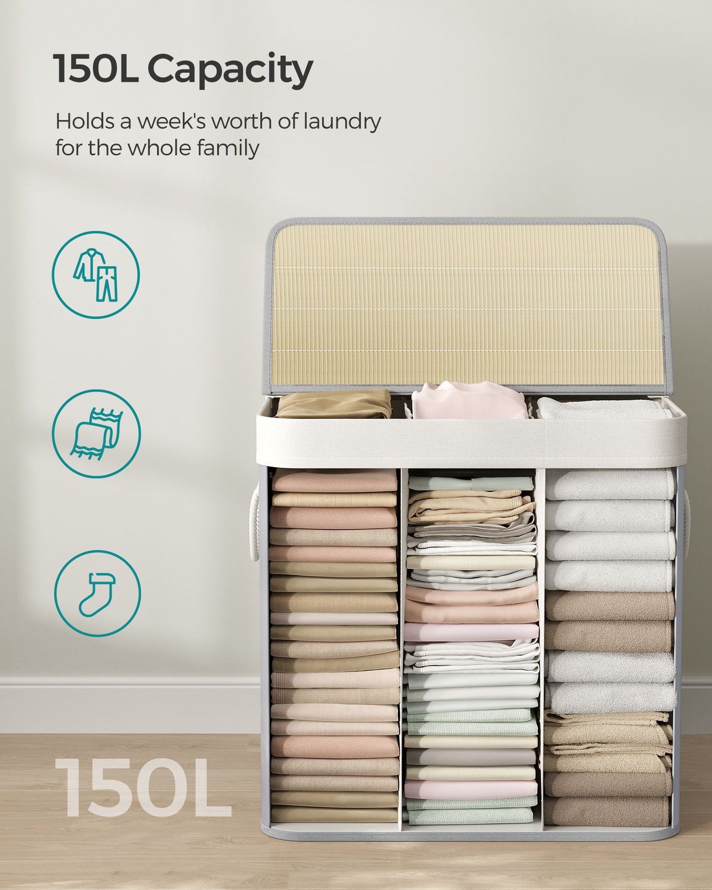 3-Section Laundry Hamper with Lid 39.6 Gallons (150L)