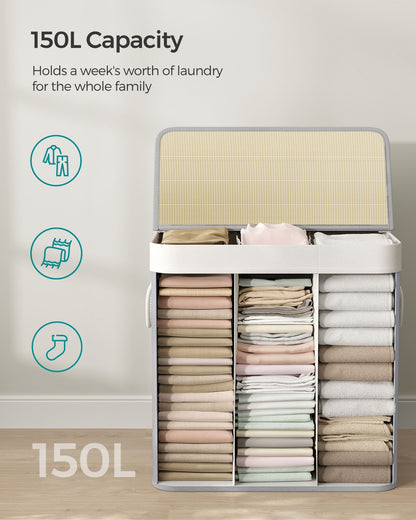3-Section Laundry Hamper with Lid 39.6 Gallons (150L)