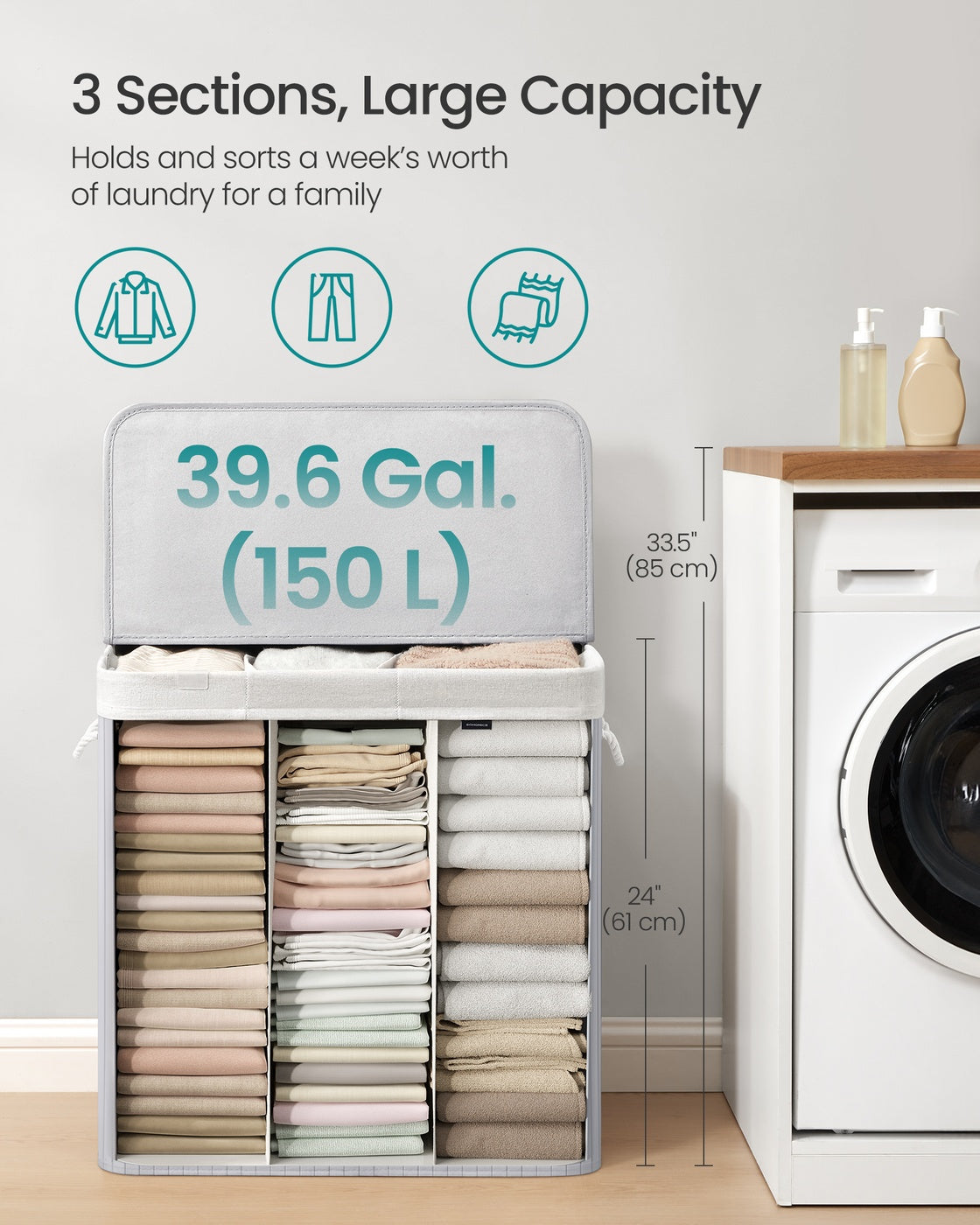 Laundry Basket 150 L 3 Compartments Wood Colour - image 12