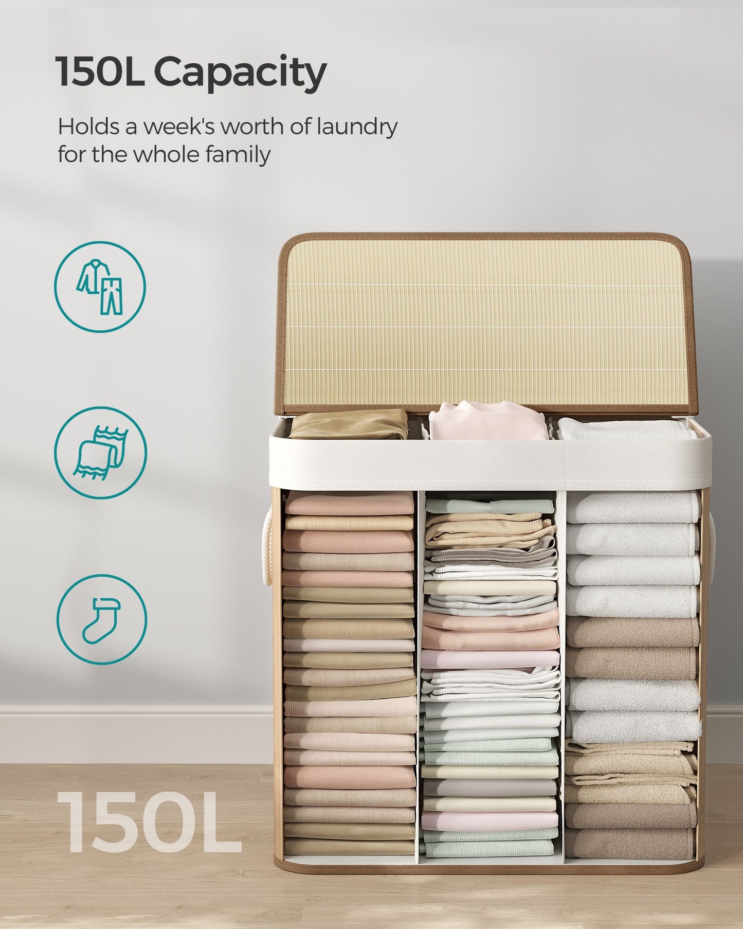 3-Section Laundry Hamper with Lid 39.6 Gallons (150L) - HWLEXTRA 