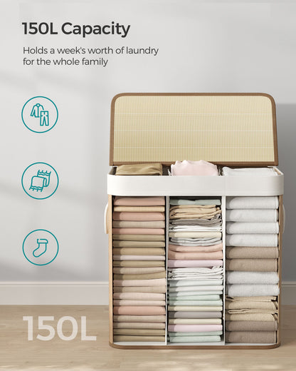 3-Section Laundry Hamper with Lid 39.6 Gallons (150L) - HWLEXTRA 