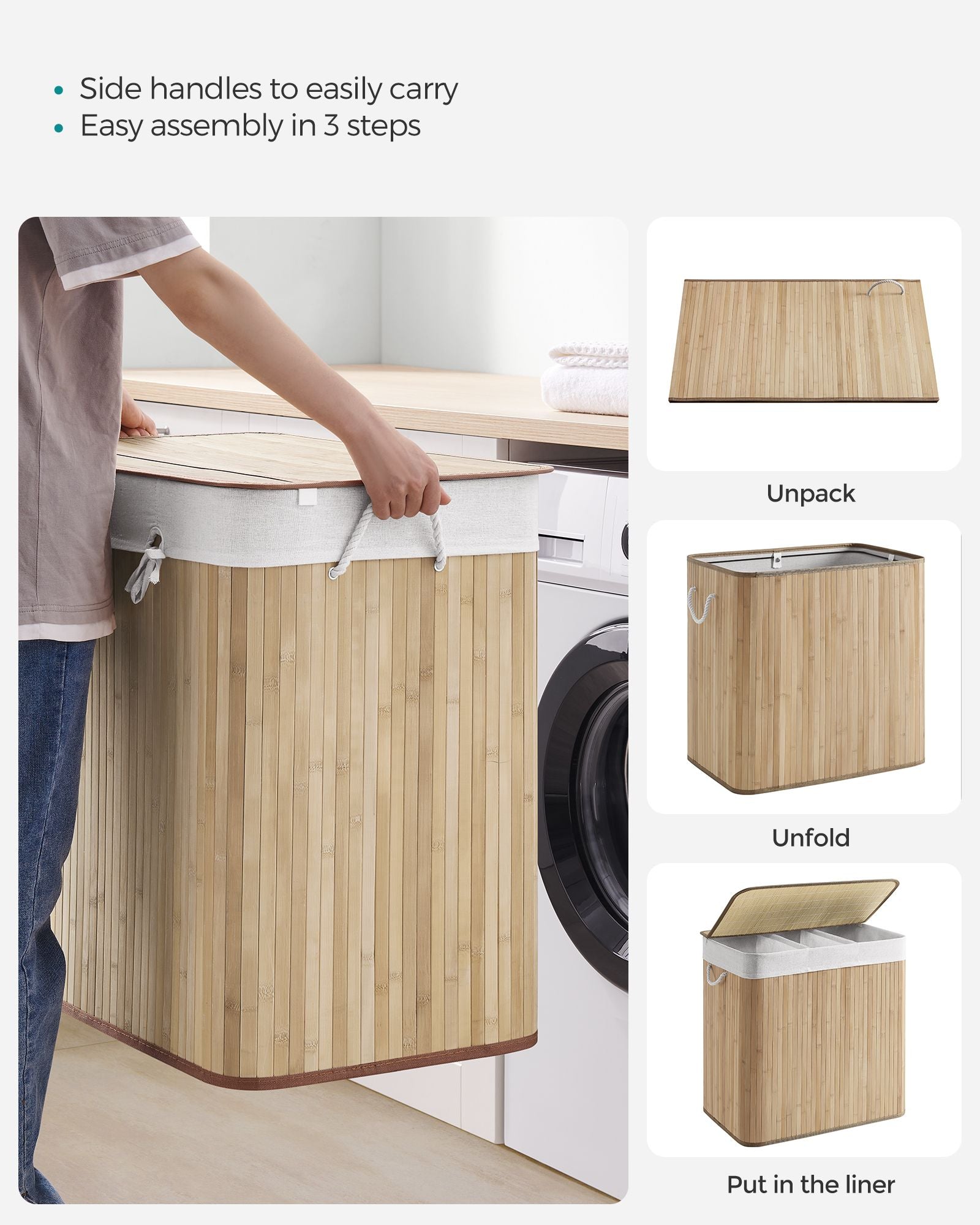 3-Section Laundry Hamper with Lid 39.6 Gallons (150L) - HWLEXTRA 