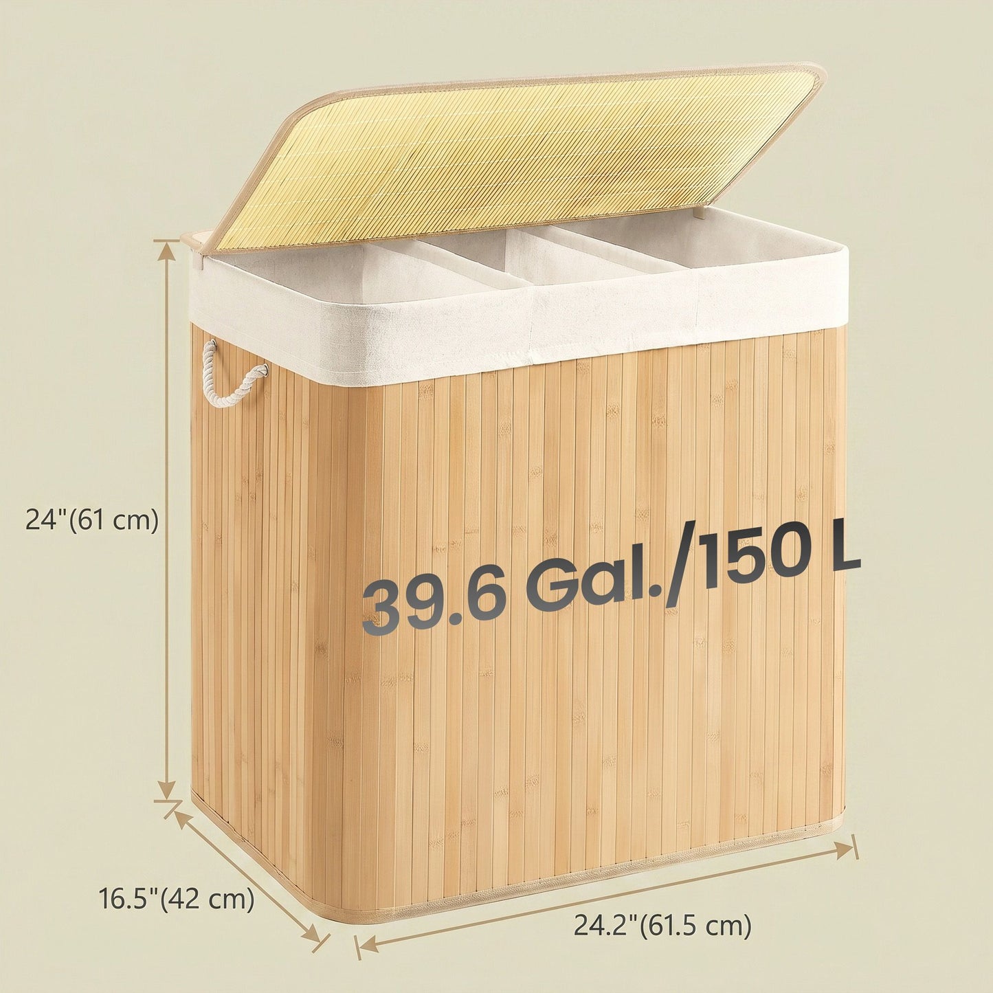 3-Section Laundry Basket, 150 L, Bamboo Laundry Hamper with Lid - image 3
