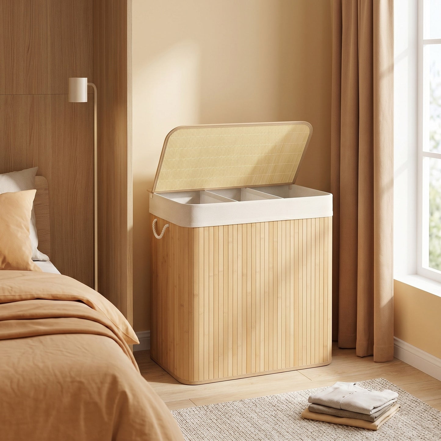 3-Section Laundry Basket, 150 L, Bamboo Laundry Hamper with Lid - image 5