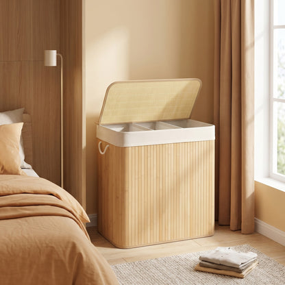 3-Section Laundry Basket, 150 L, Bamboo Laundry Hamper with Lid - image 5