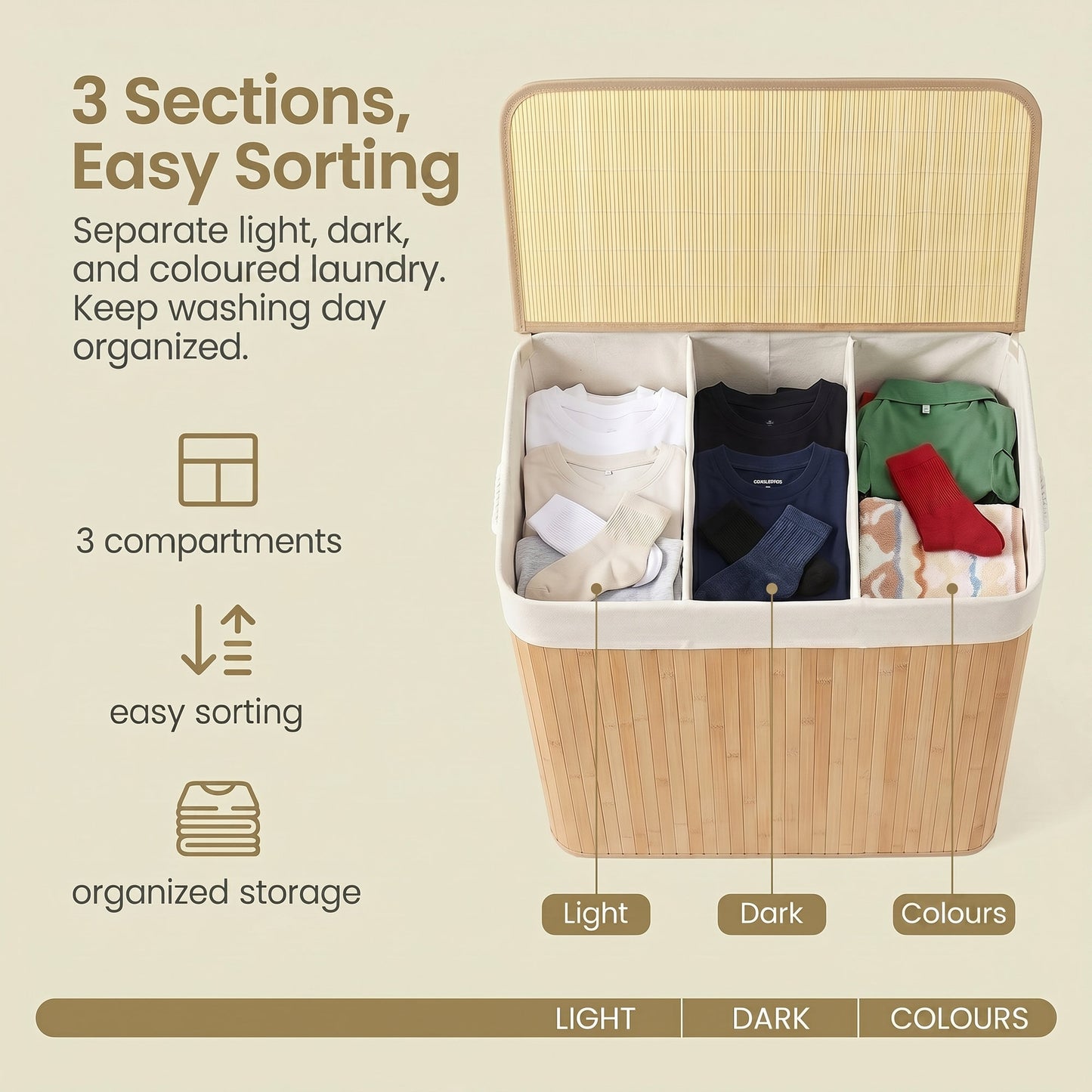 3-Section Laundry Basket, 150 L, Bamboo Laundry Hamper with Lid - image 6