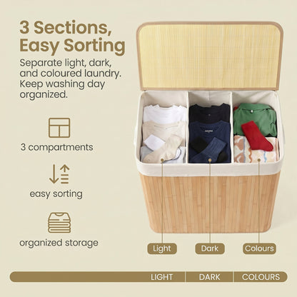 3-Section Laundry Basket, 150 L, Bamboo Laundry Hamper with Lid - image 6