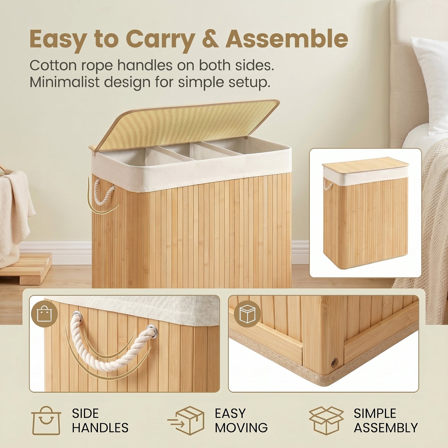 3-Section Laundry Basket, 150 L, Bamboo Laundry Hamper with Lid - image 7