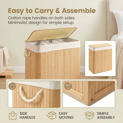 3-Section Laundry Basket, 150 L, Bamboo Laundry Hamper with Lid - image 7