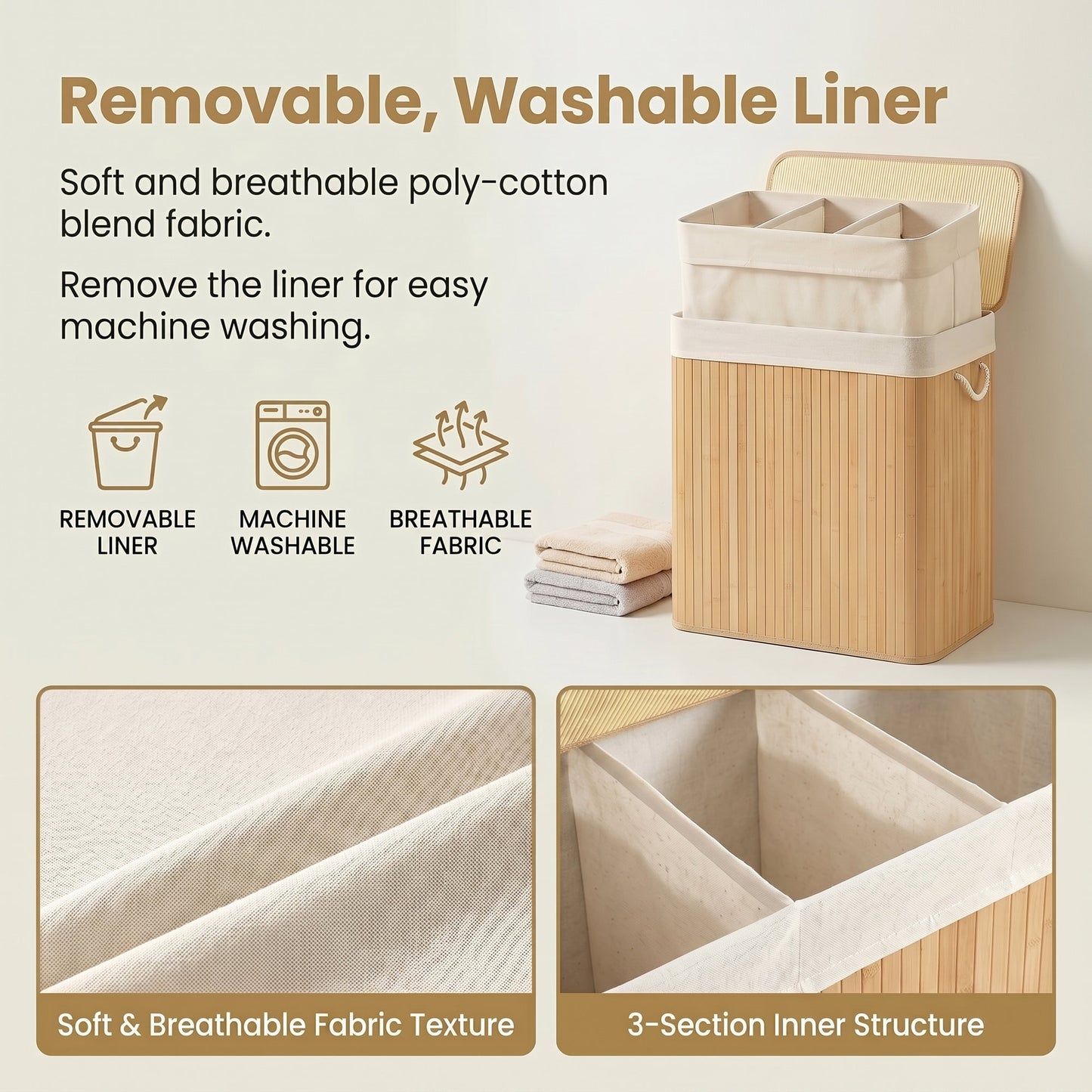 3-Section Laundry Basket, 150 L, Bamboo Laundry Hamper with Lid - image 8