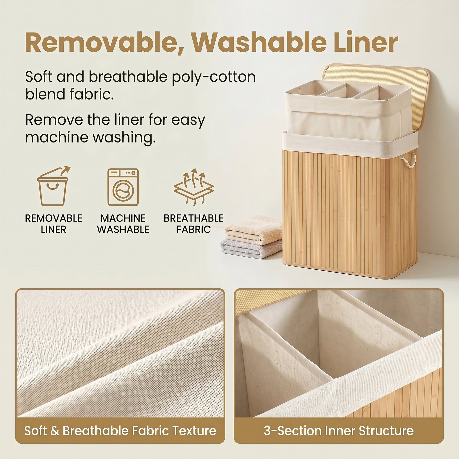 3-Section Laundry Basket, 150 L, Bamboo Laundry Hamper with Lid - image 8