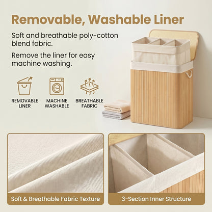 3-Section Laundry Basket, 150 L, Bamboo Laundry Hamper with Lid - image 8
