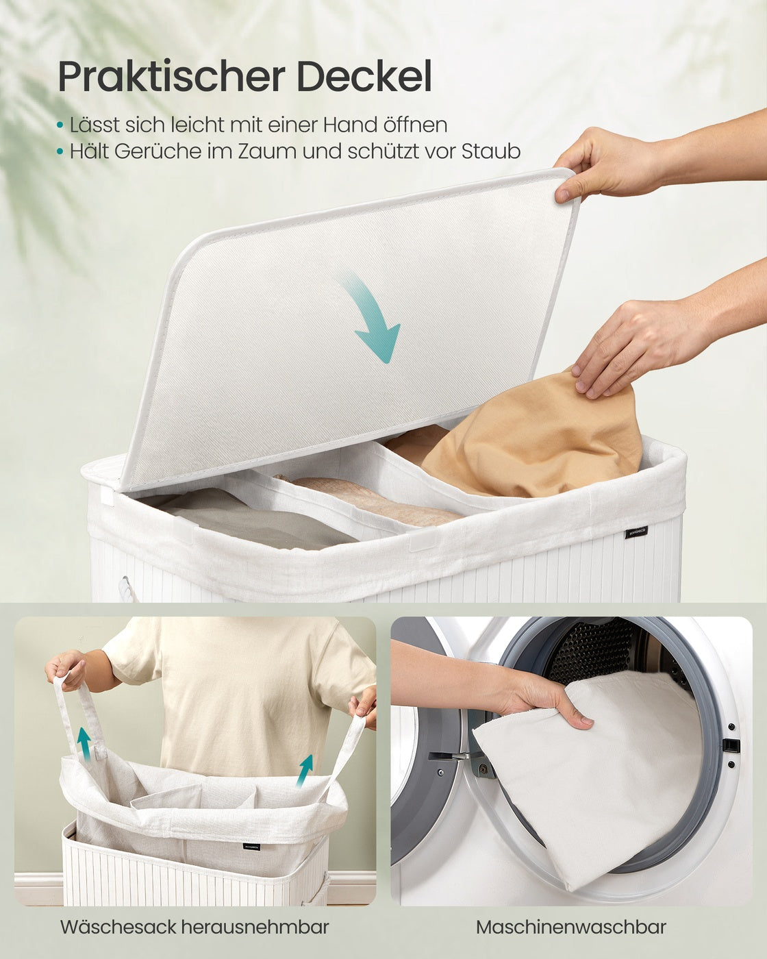150L Laundry Hamper Basket with 3 Sections Cloud White