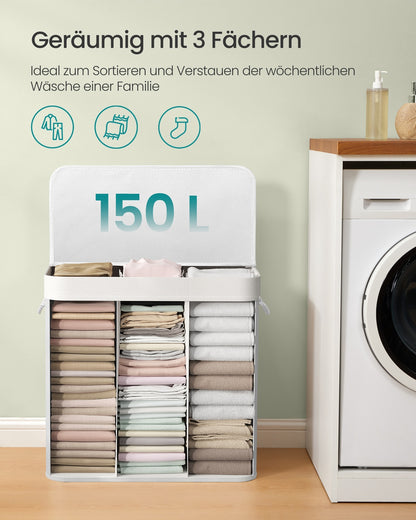 150L Laundry Hamper Basket with 3 Sections Cloud White