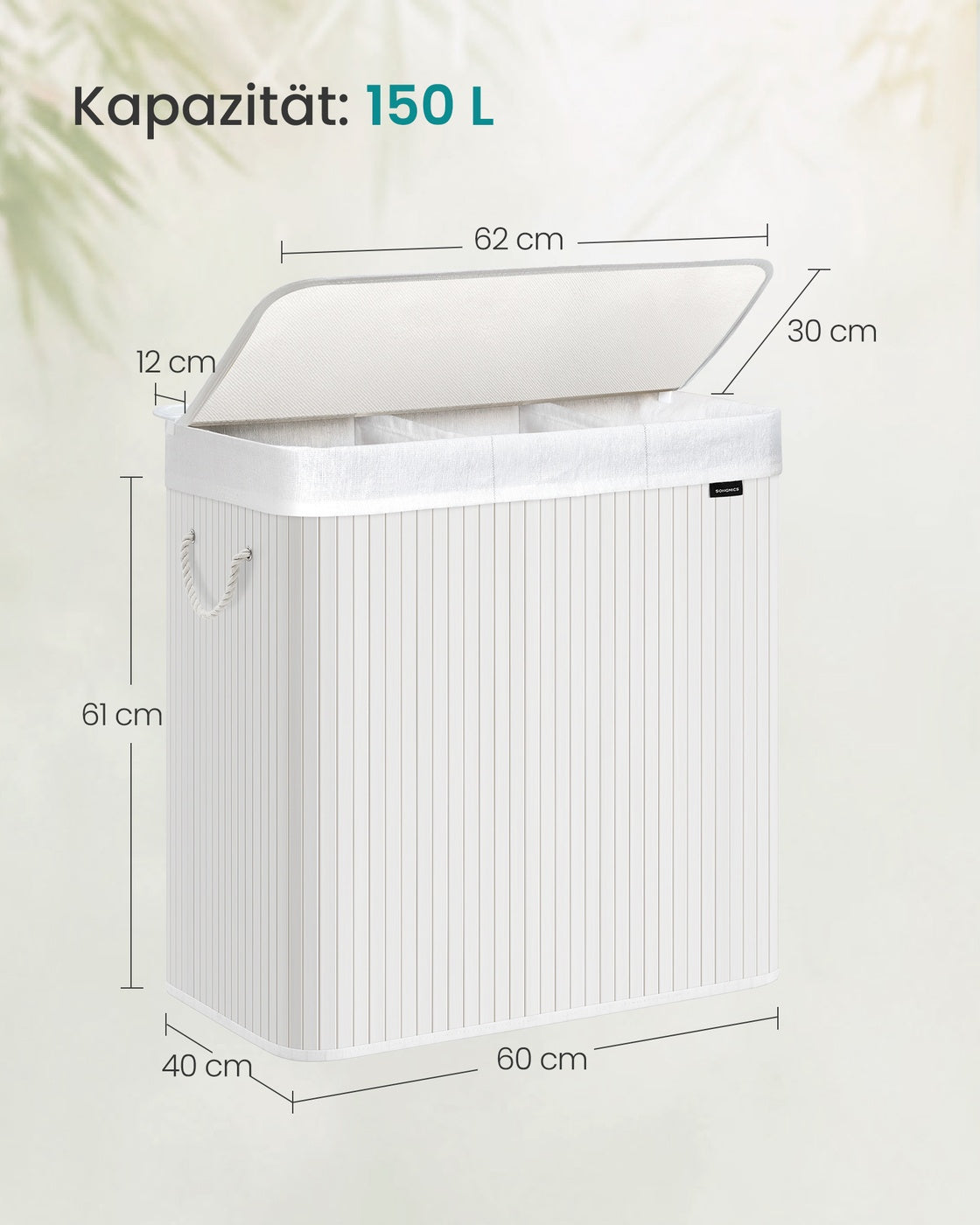 150L Laundry Hamper Basket with 3 Sections Cloud White