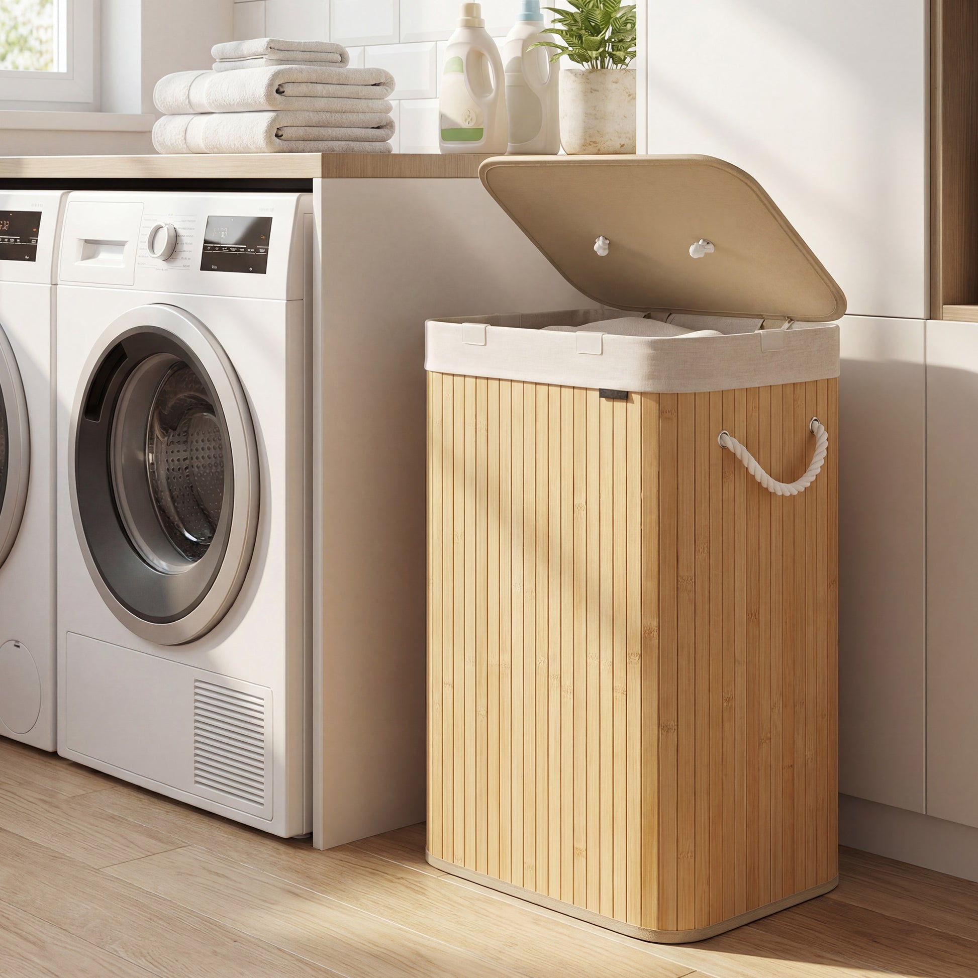 Foldable Laundry Hamper with Lid, 72 L Bamboo Laundry Basket, Storage Hamper with 3 Handles - image 10