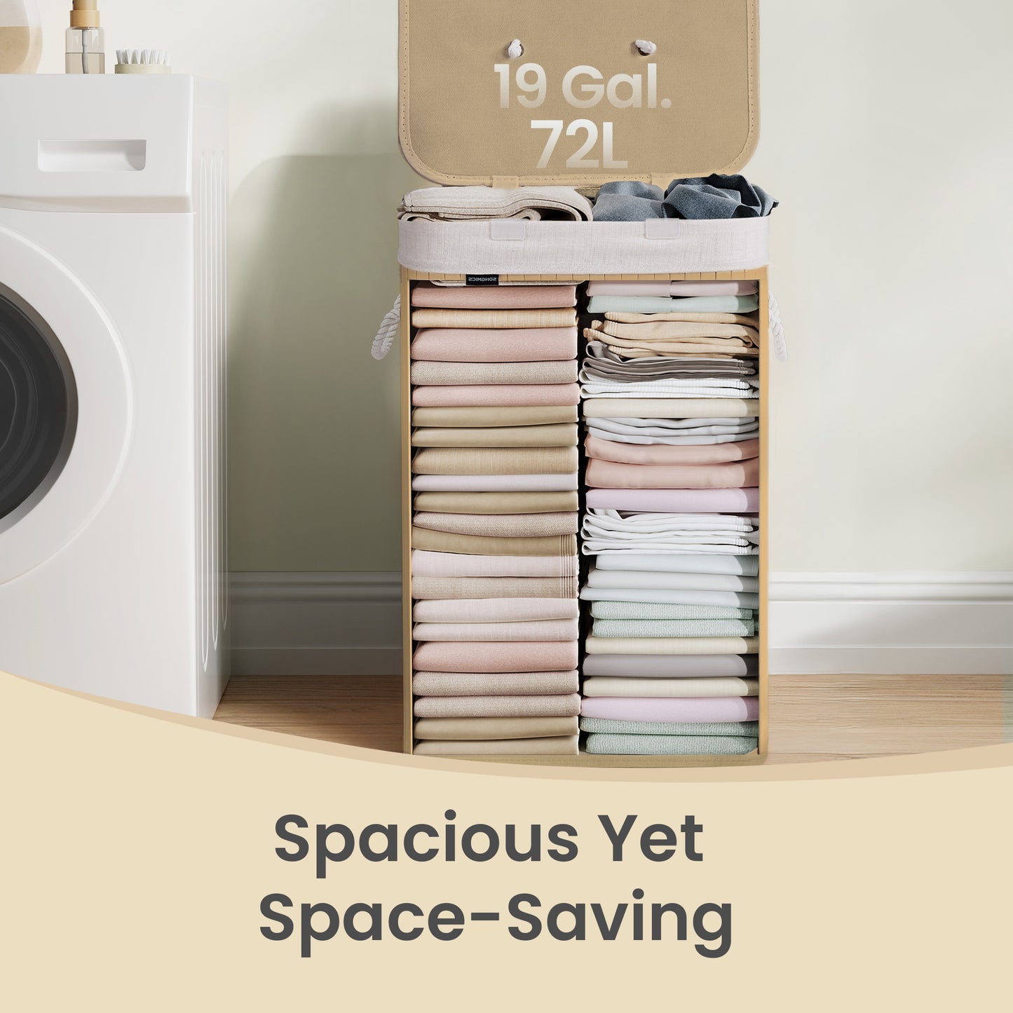 Foldable Laundry Hamper with Lid, 72 L Bamboo Laundry Basket, Storage Hamper with 3 Handles - image 7