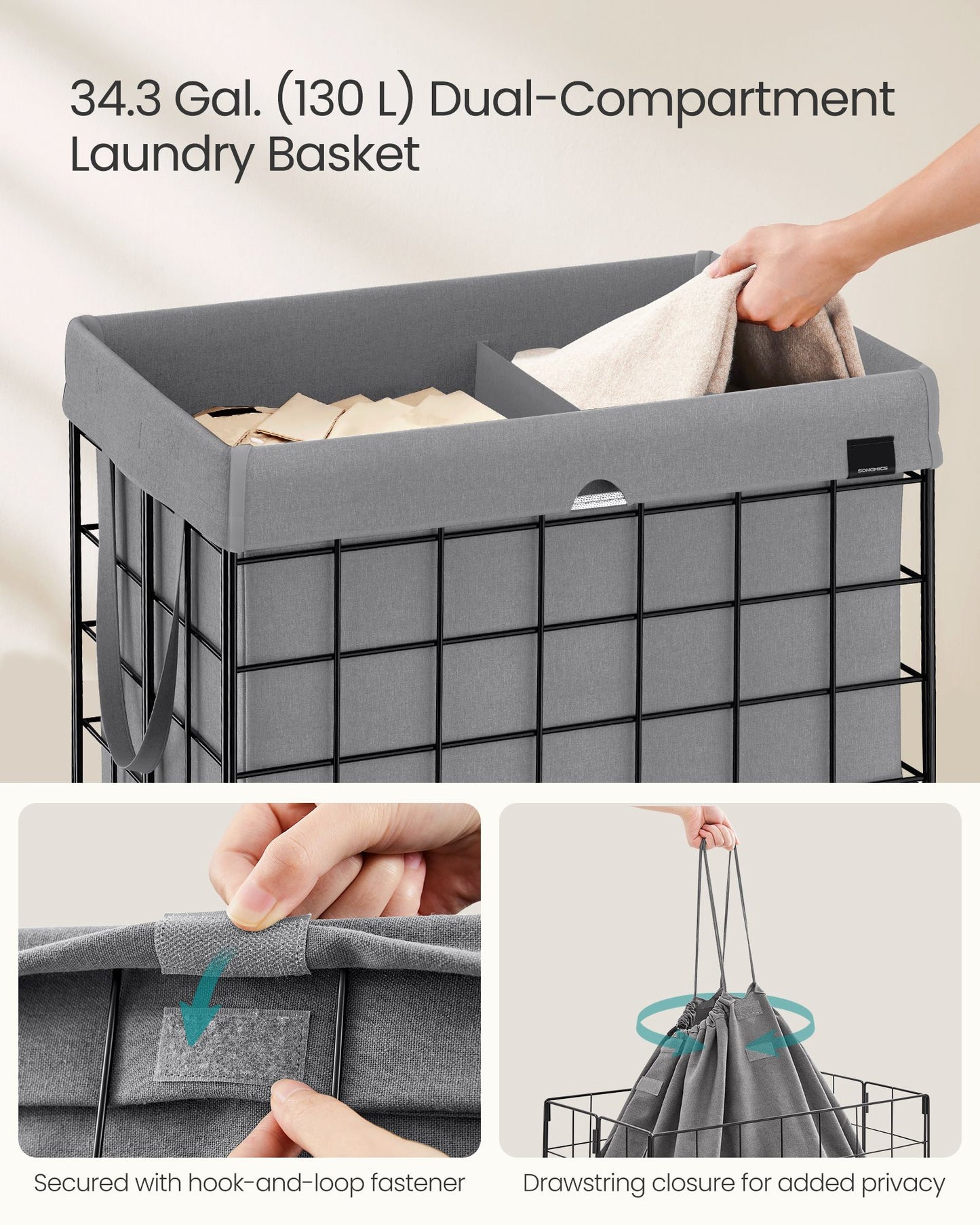 Laundry Hamper with Metal Wire Frame, 34.3 Gal. (130L)
