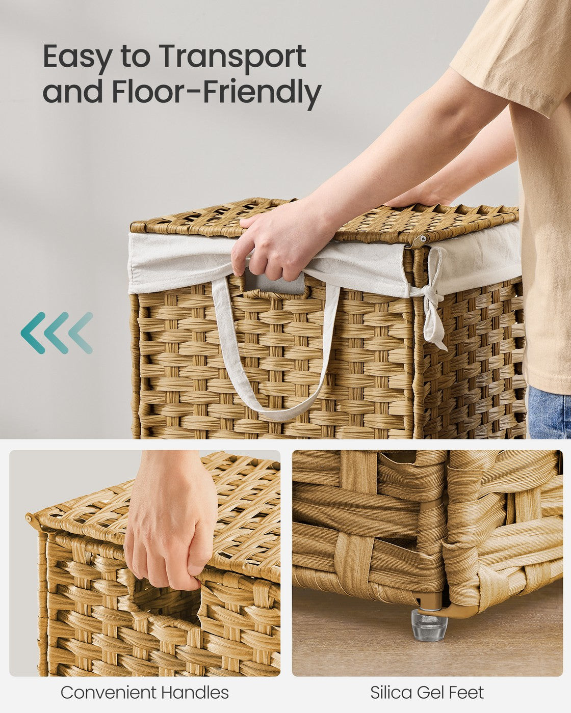 Slim Rattan Laundry Hamper with Lid and Handles, 14.5 Gallon (55L)