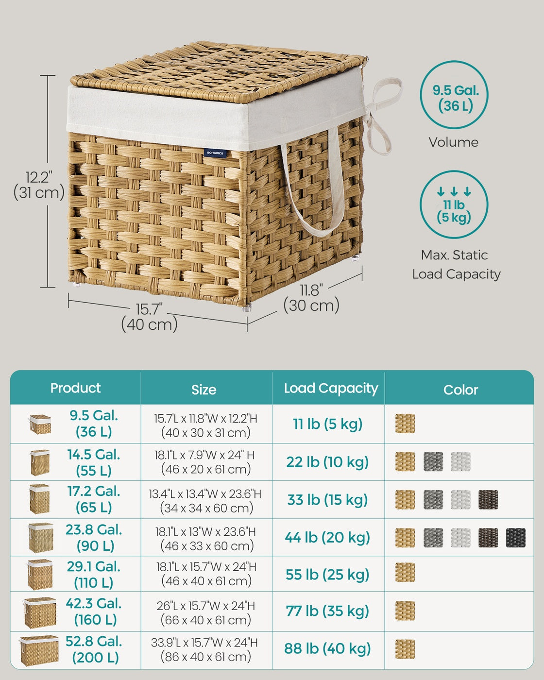 Slim Rattan Laundry Hamper with Lid and Handles, 14.5 Gallon (55L)