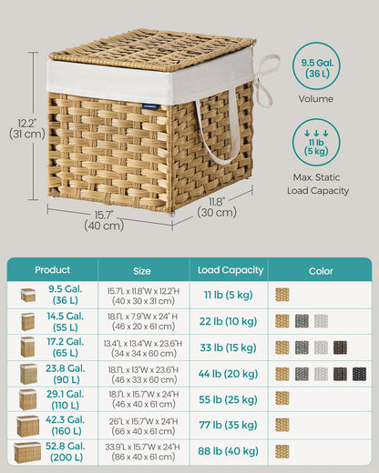 Slim Rattan Laundry Hamper with Lid and Handles, 14.5 Gallon (55L)