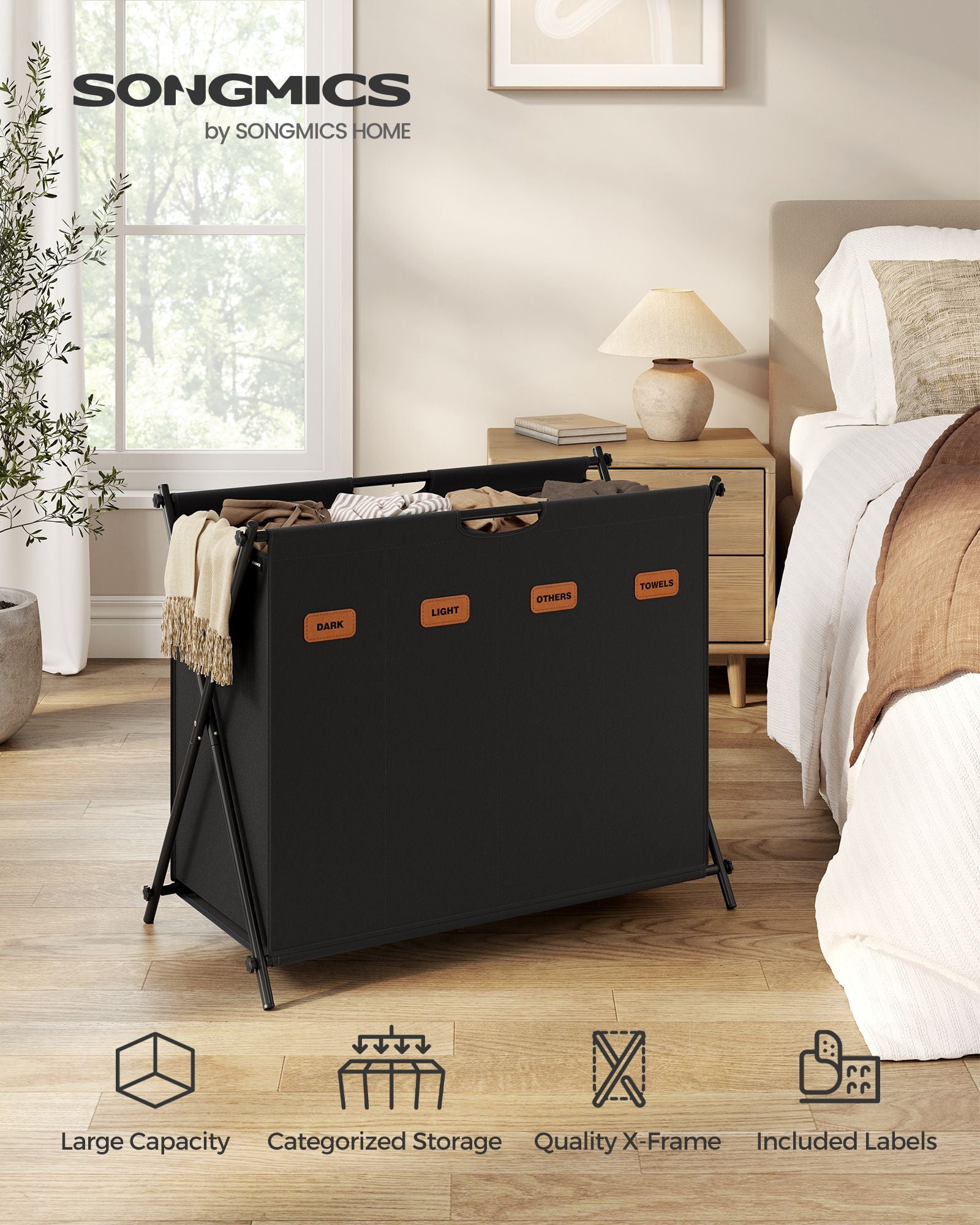 Laundry Hamper 4 Sections with Collapsible X-Frame, 40.9 Gal. - HWLEXTRA 