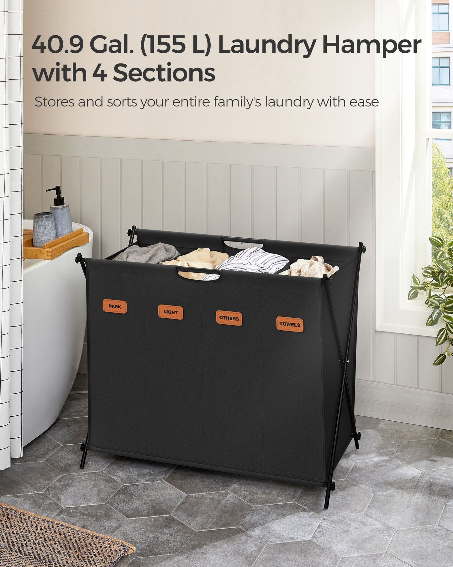 Laundry Hamper 4 Sections with Collapsible X-Frame, 40.9 Gal. - HWLEXTRA 