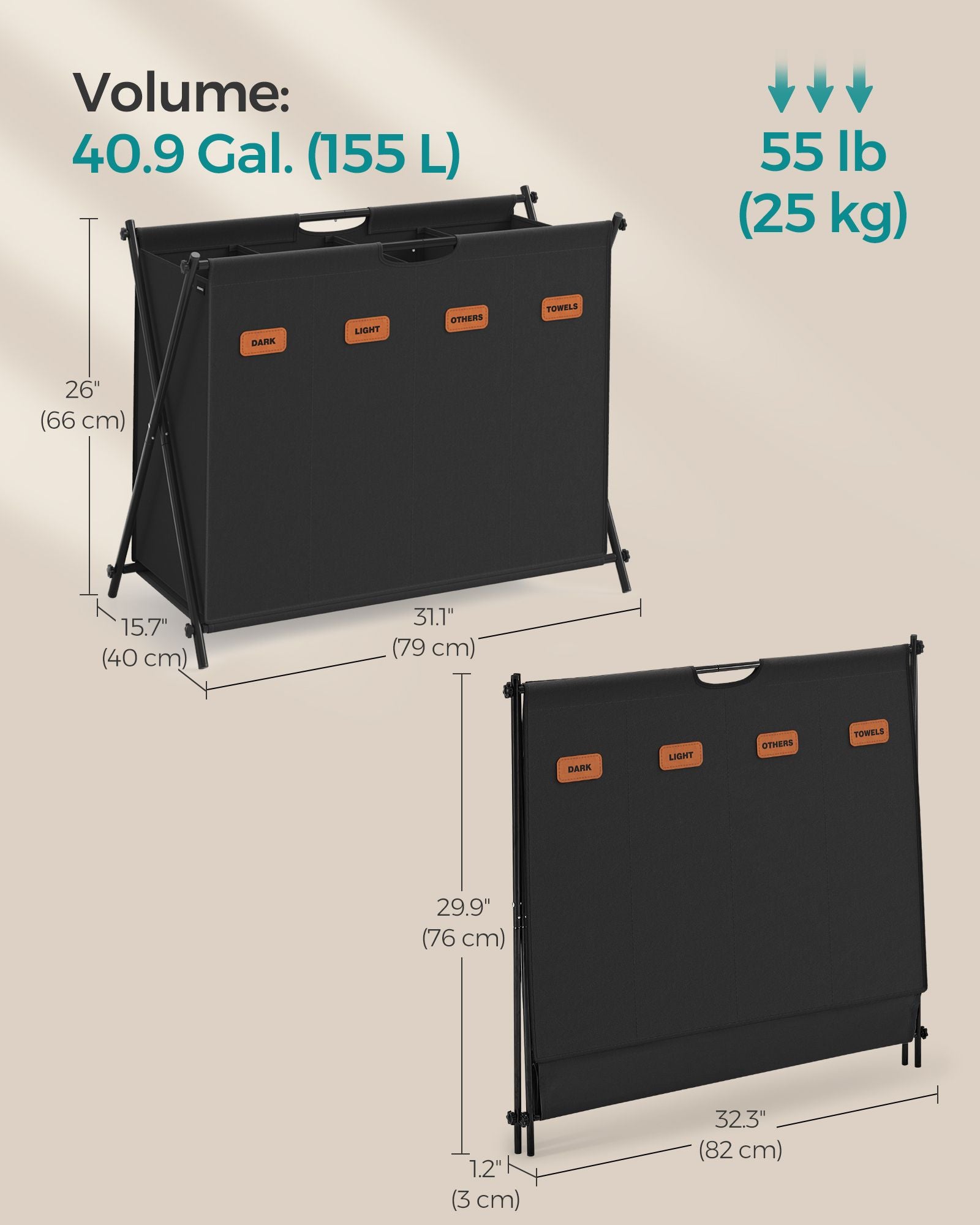 Laundry Hamper 4 Sections with Collapsible X-Frame, 40.9 Gal. - HWLEXTRA 