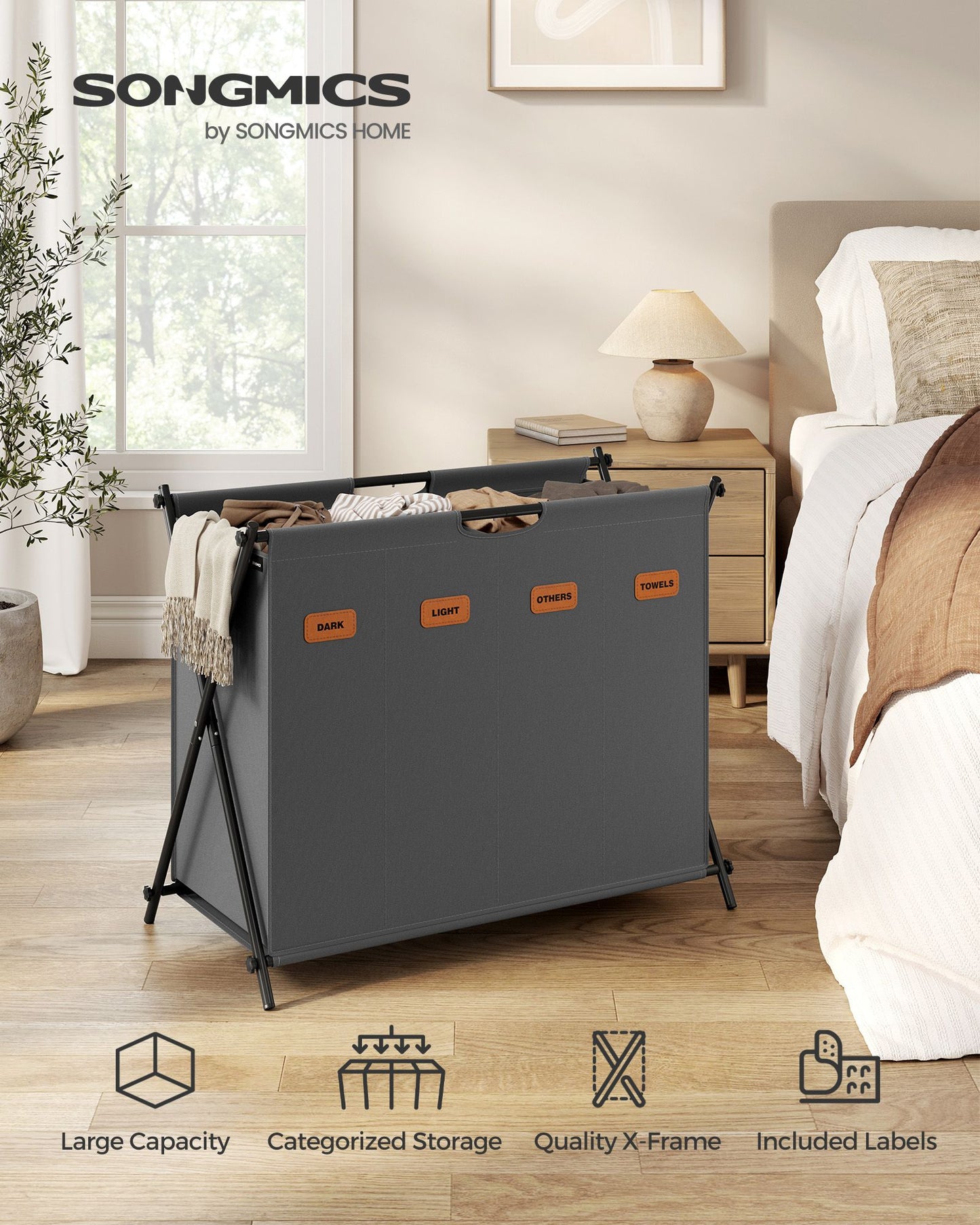 Laundry Hamper 4 Sections with Collapsible X-Frame, 40.9 Gal. - HWLEXTRA 