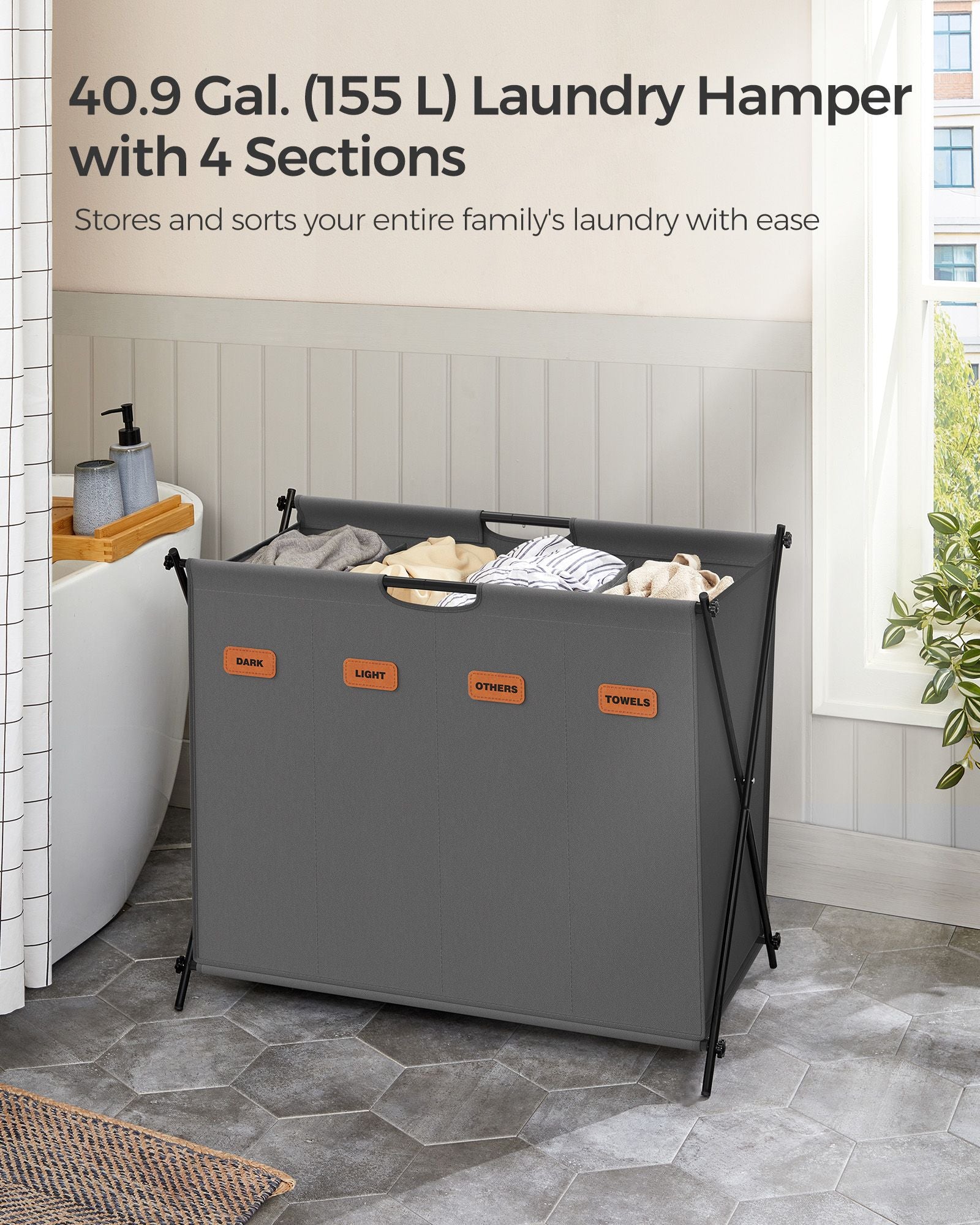 Laundry Hamper 4 Sections with Collapsible X-Frame, 40.9 Gal. - HWLEXTRA 