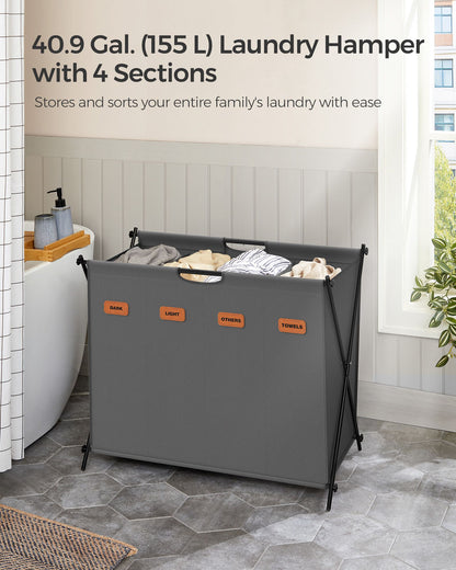 Laundry Hamper 4 Sections with Collapsible X-Frame, 40.9 Gal. - HWLEXTRA 