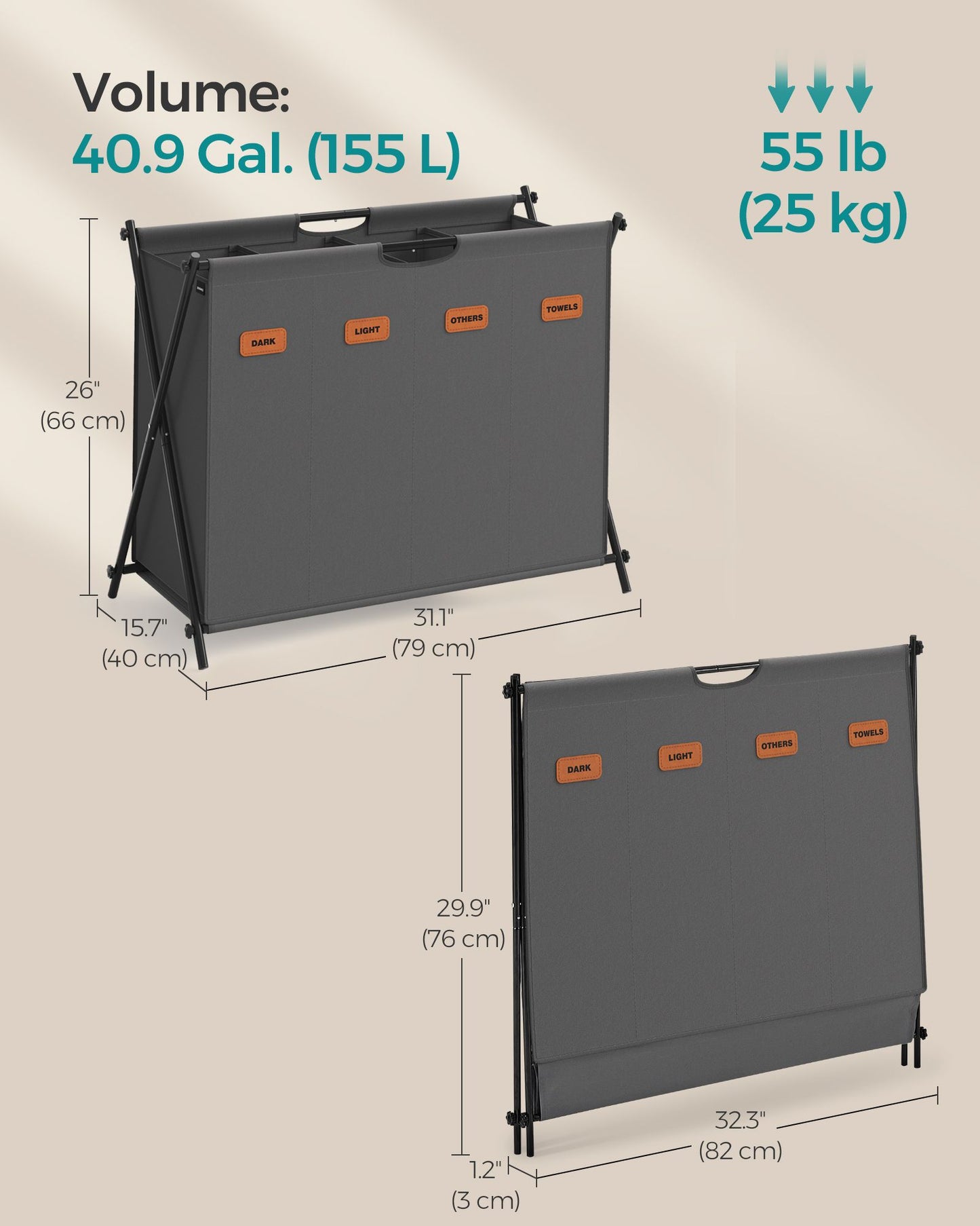 Laundry Hamper 4 Sections with Collapsible X-Frame, 40.9 Gal. - HWLEXTRA 