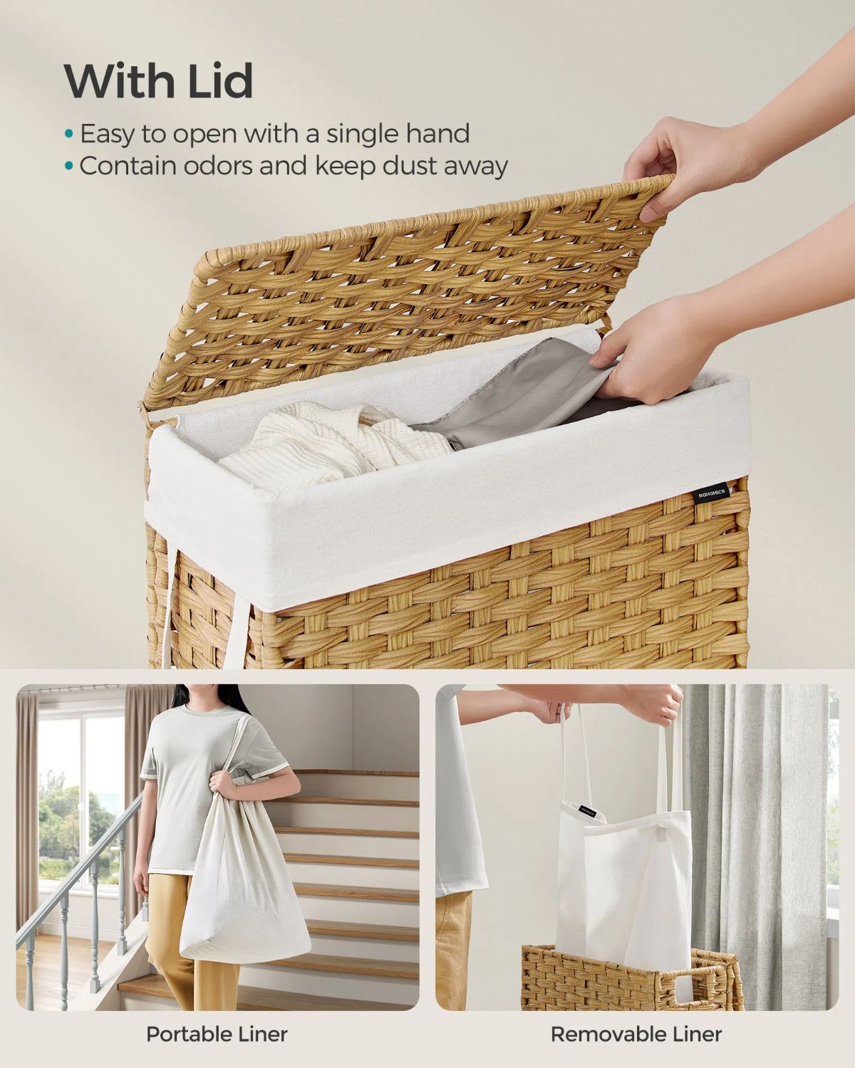 Slim Rattan Laundry Hamper with Lid and Handles, 14.5 Gallon (55L) - HWLEXTRA 