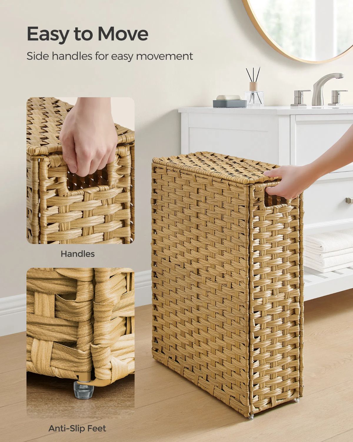 Slim Rattan Laundry Hamper with Lid and Handles, 14.5 Gallon (55L) - HWLEXTRA 