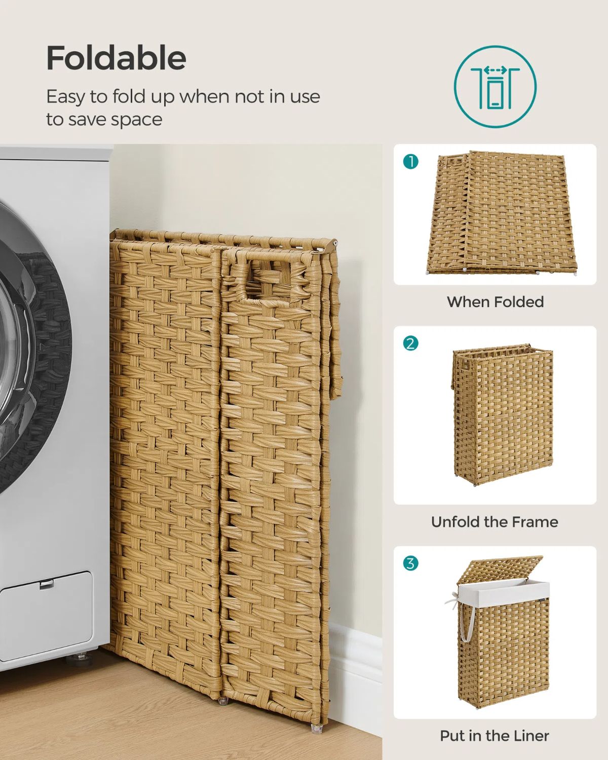Slim Rattan Laundry Hamper with Lid and Handles, 14.5 Gallon (55L) - HWLEXTRA 