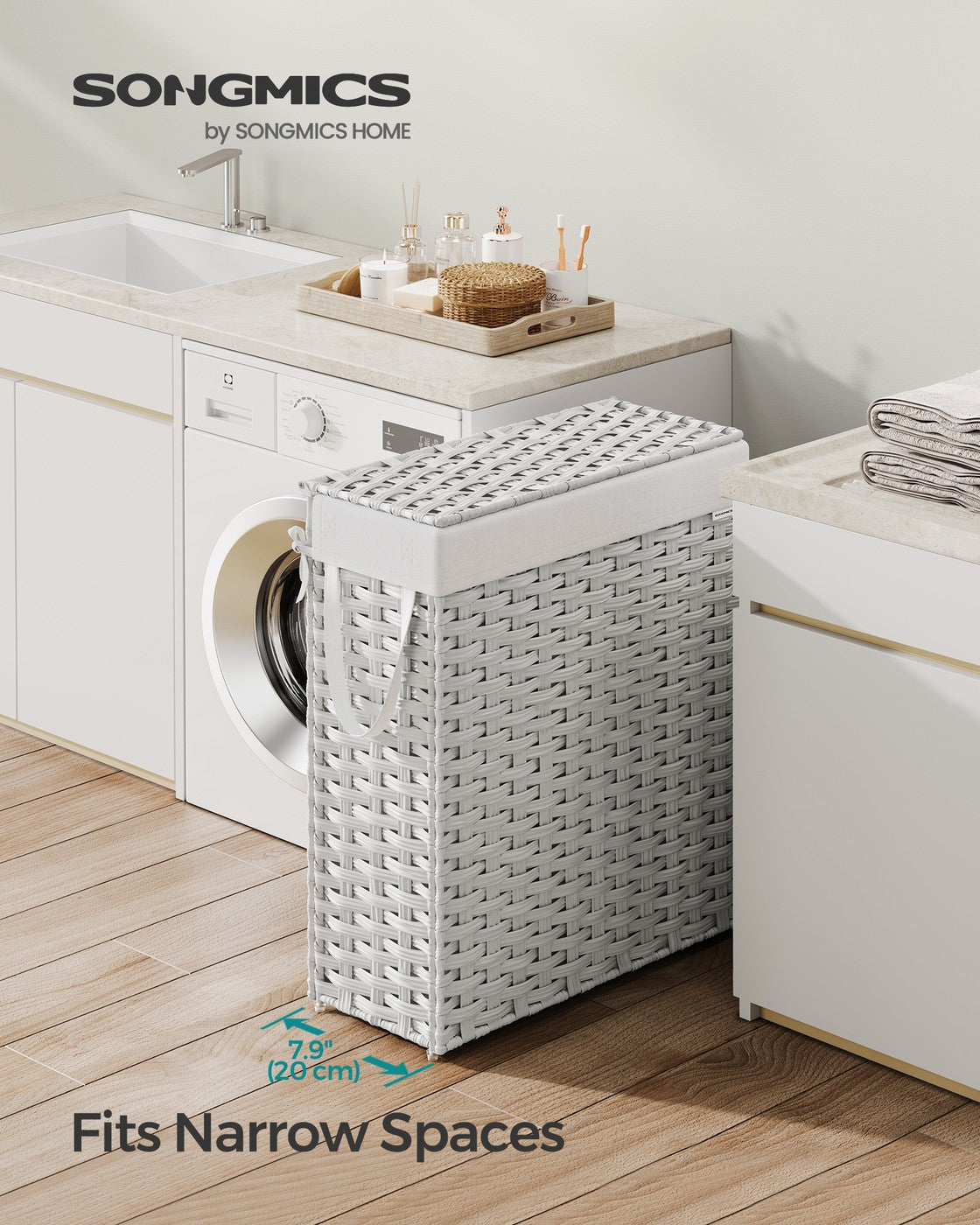 Slim Rattan Laundry Hamper with Lid and Handles, 14.5 Gallon (55L)