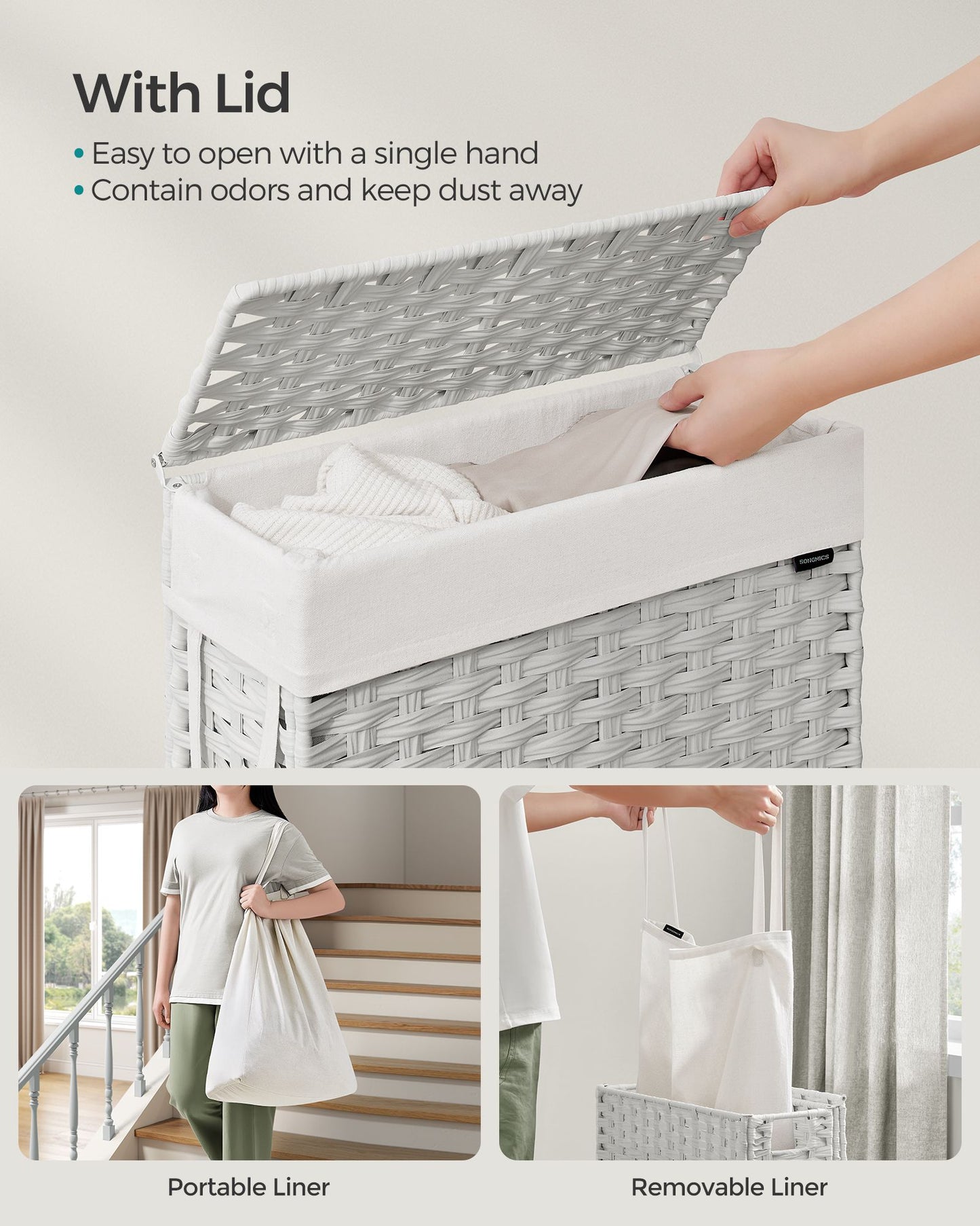 Slim Rattan Laundry Hamper with Lid and Handles, 14.5 Gallon (55L) - HWLEXTRA 