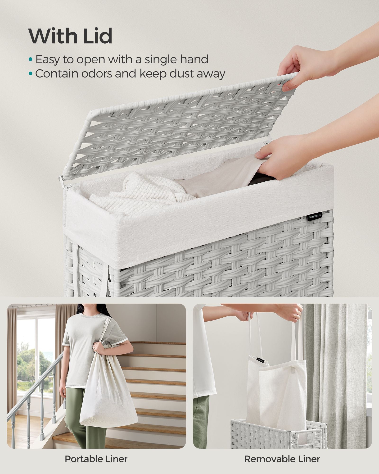 Slim Rattan Laundry Hamper with Lid and Handles, 14.5 Gallon (55L) - HWLEXTRA 